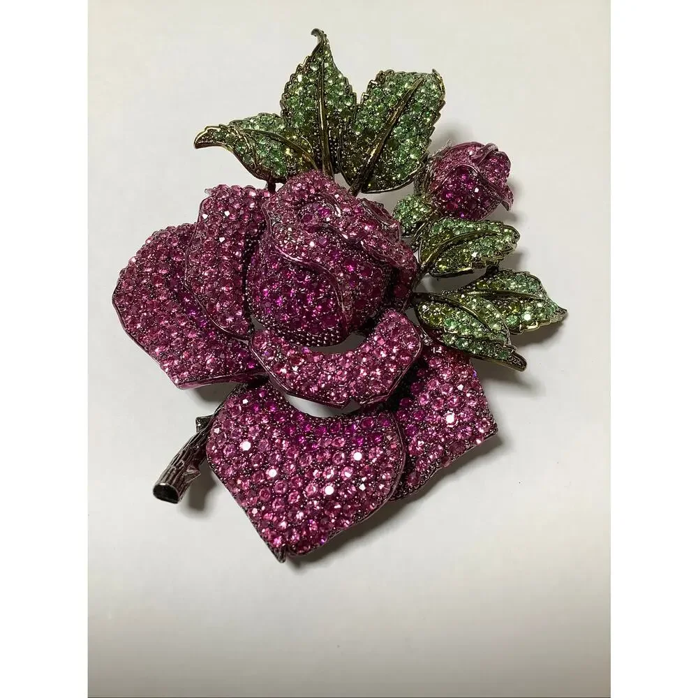 Vintage Pink Rose Flower Green Leaf Rhinestone Crystal Statement Brooch F15-22